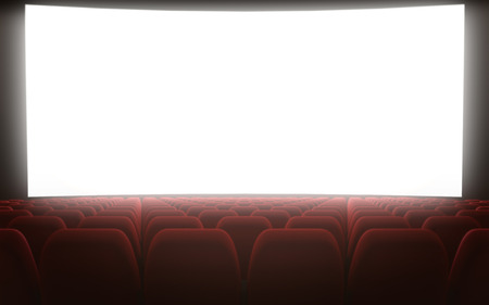 Empty movie theatre white screenの写真素材