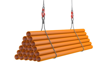 Crane hook lifting orange plasticl pipes isolated on white with clipping pathの写真素材