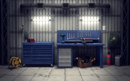 Garage workshop with tools & equipmentの写真素材