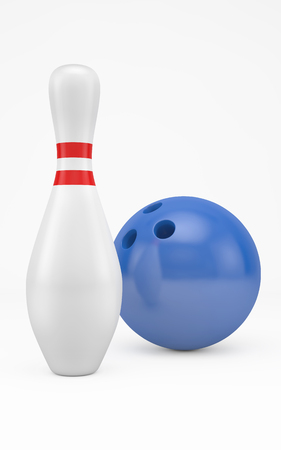 Bowling ball hits skittle isolated on white with clipping pathの写真素材