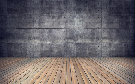 Empty room with wooden floor and concrete tiles wall backgroundの写真素材