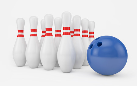 Bowling ball and skittles isolated on white with clipping pathの写真素材
