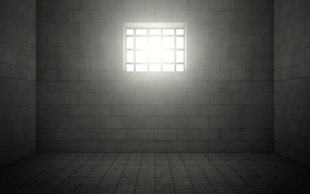 Dark prison cell with light shining through a barred window. 3d renderingの写真素材