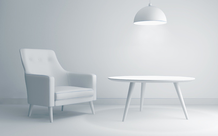 Interior with leather armchair, ceiling lamp and side table. 3d renderingの写真素材