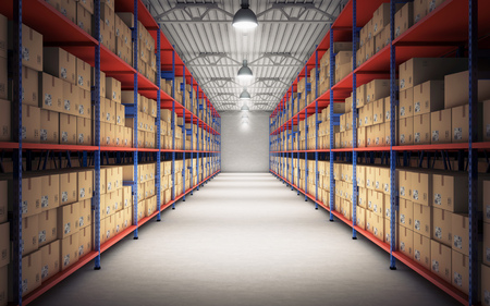Rows of shelves with goods boxes in modern industry warehouse. 3d renderingの写真素材