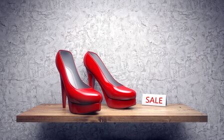 Red high heel woman shoes on shelve. sale. 3d renderingの写真素材