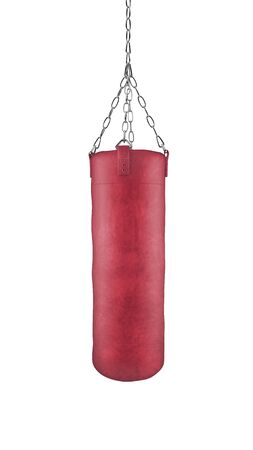 Red boxing bag on chains isolated on white background with clipping pathの写真素材