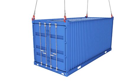 Sea container lifted with crane hooks. 3d rendering. isolated on white backgroundの写真素材