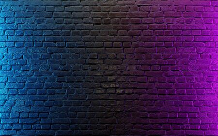 Modern futuristic neon lights on old grunge brick wall room background. 3d renderingの写真素材