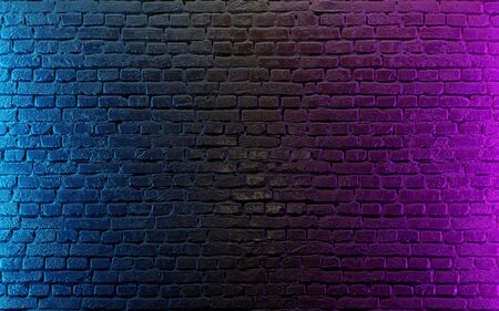 Modern futuristic neon lights on old grunge brick wall room background. 3d rendering