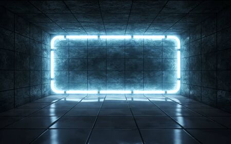 Dark abstract room with tiles and neon lights. 3d renderingの写真素材
