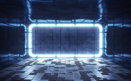 Dark abstract room with tiles and neon lights. 3d renderingの写真素材
