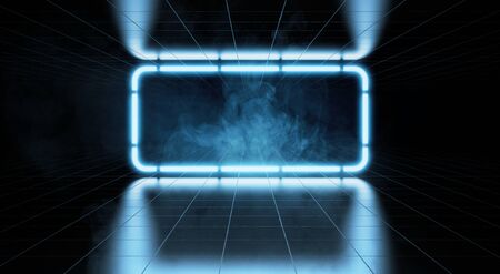 Futuristic neon lights glowing in room with glossy concrete tiles floor. 3D Renderingの写真素材