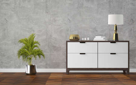 Modern scandinavian home interior with design wooden commode and decor. 3d renderingの写真素材