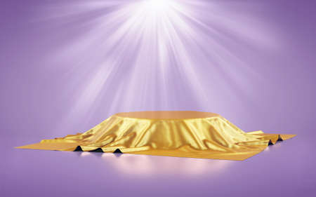 Bright golden product background stand or podium pedestal on advertising display with blank backdrop. 3D renderingの写真素材