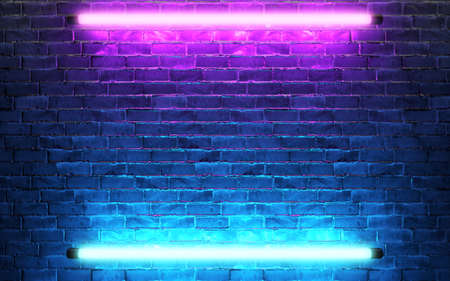 Modern futuristic neon lights on old grunge brick wall room background. 3d renderingの写真素材