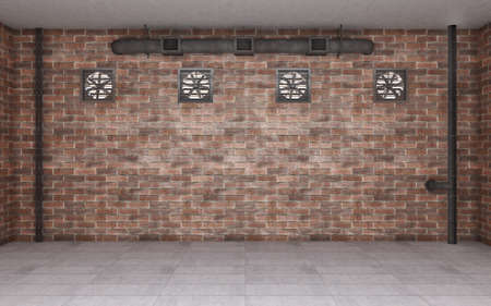 Empty old indusrial interior with brick walls and ventilation. 3d renderingの写真素材