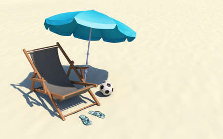 Deck chair and umbrella on sand beach. vacations concept. 3d renderingの写真素材