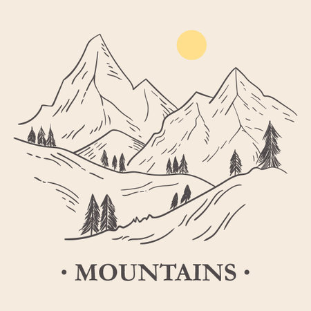 Hand drawn illustration of mountains landscape and pine trees. Sketch in vintage style. Vector illustrationのイラスト素材
