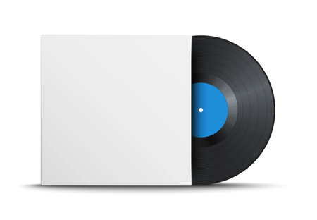 Realistic vintage vinyl record with blank cover isolated on white background. Mock up template for your design. Gramophone LP vinyl record with label. Retro design. Vector illustrationのイラスト素材