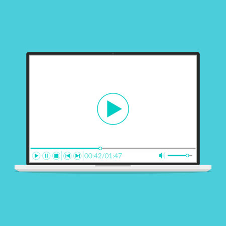 Laptop with video player in minimalistic design on screen. Template design for online video, movies, streaming; web study and learning. Vector illustrationのイラスト素材