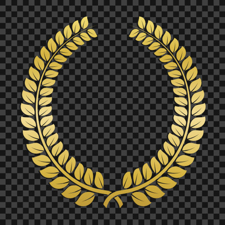Golden laurel wreath on transparent background. Template design for awards, quality mark, diplomas, certificates, sport competition. Triumph, awards and trophies symbol. Vector illustrationのイラスト素材