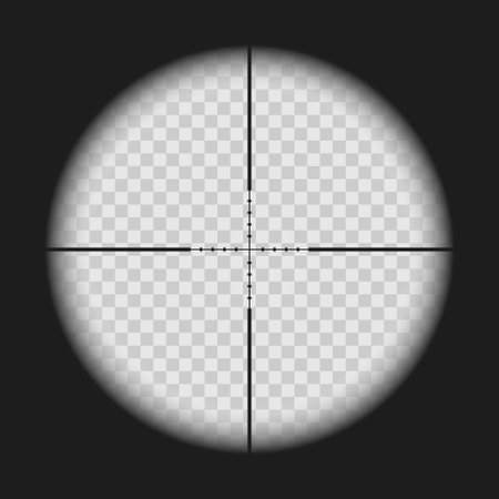Realistic sniper sight with measurement marks isolated on transparent background. View through a rifle scope with crosshair. Gun viewfinder target. Template design for GUI element, gaming. Vector illustrationのイラスト素材