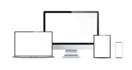 Set of realistic modern devices - desktop computer monitor, laptop, tablet, smartphone. Electronic gadgets isolated on white background. Mock up template for your design. Vector illustrationのイラスト素材