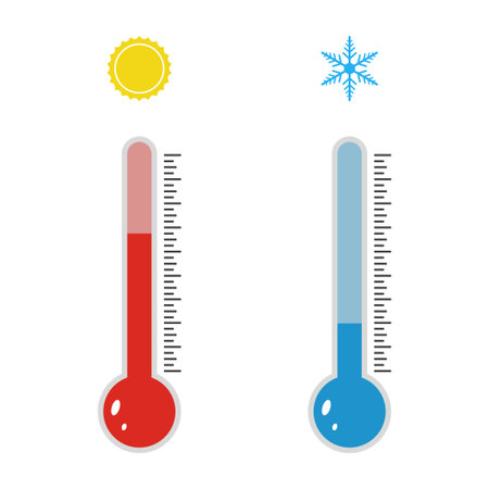 Thermometer icon. Blue and red flat thermometer indicators. Meteorology thermometers measuring heat...