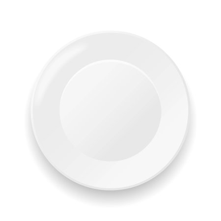 Realistic empty white dish plate with shadow. Top view. Kitchen appliances utensils for eating. Template design for web design, food presentation or menu. Vector illustrationのイラスト素材