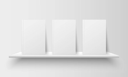 Realistic books with empty blank covers on bookshelf isolated on grey background. Mock up template for your design. Interior concept for library, school, office or home. Vector illustrationのイラスト素材