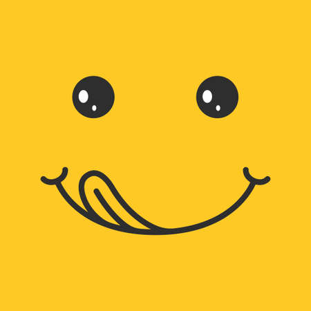 Yummy smile on yellow background. Emoticon with tongue lick mouth eating delicious, tasty food. Happy emoji face enjoying great taste. Vector illustrationのイラスト素材