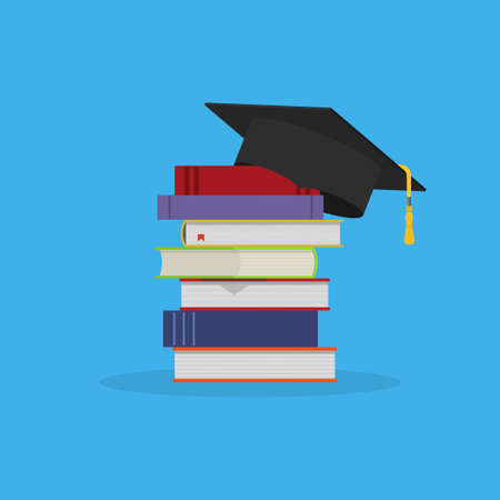 Books stack with graduation hat. Education and knowledge concept. Back to school. Vector illustrationのイラスト素材