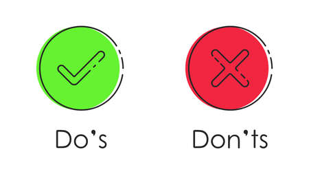 Do's and don'ts sign in line art style. Chek marks with green and red color. Green tick and red cross. Like and unlike concept. Buttons for vote, election choice, checklist element, reject or accept. Vector illustrationのイラスト素材