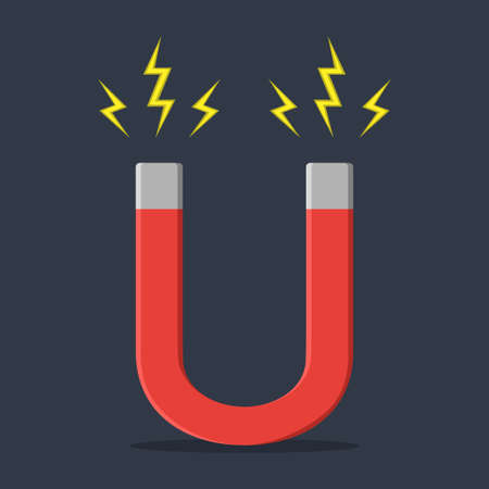 Red horseshoe magnet with magnetic power. Magnetism, magnetize, attraction concept. Template design element for you project. Vector illustrationのイラスト素材