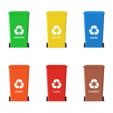 Set of recycling garbage containers. Rubbish bins for trash sorted by organic, plastic, paper, metal, glass, e-waste. Waste types segregation recycling. Vector illustrationのイラスト素材