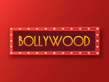 Bollywood indian cinema poster. Vintage indian movie, cinematography and theater banner. Billboard with shining light bulbs in red glowing frame and text. Vector illustrationのイラスト素材