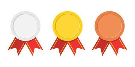 Set of three award medals - gold, silver, bronze. Winner medal with red ribbon icon. Premium badges. Championship award. Achievement, victory concept. Vector illustrationのイラスト素材