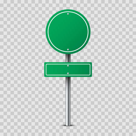 Realistic green round traffic sign on metal pole isolated on transparent background. Blank traffic road empty sign. Mock up template for your design. Vector illustrationのイラスト素材
