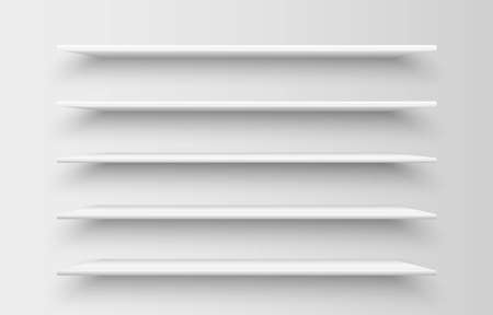 Set of realistic empty white shelves with shadow isolated on grey background. Interior concept for market store, library, school, office or home. Modern, rectangular, horizontal wall furniture. Vectorのイラスト素材