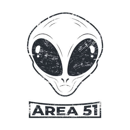 Area 51 with alien head in grunge style. Extraterrestrial humanoid face with big eyes. Space invader. Template design for poster, t-shirt, banner.のイラスト素材