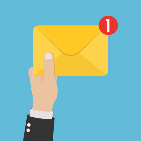 Hand holding envelope. Email concept. Template design for incoming message, sms, mail notification. Vector illustrationのイラスト素材