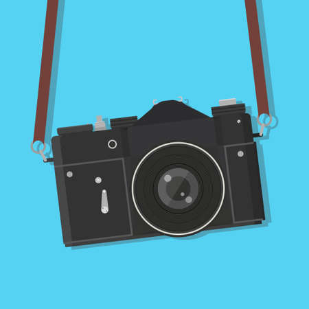 Retro camera hung. Vintage old, antique photocamera with strap. Vector illustrationのイラスト素材