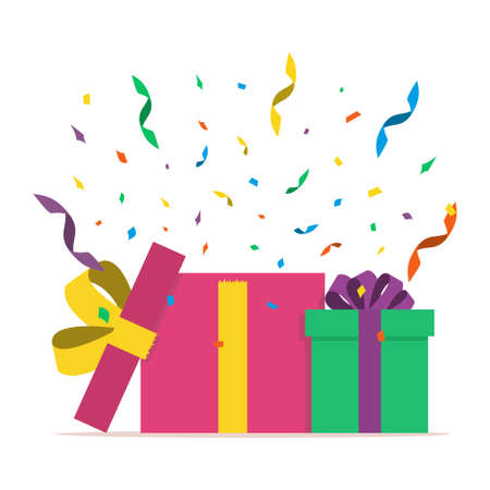 Two gift boxes with confetti. Flat style. Present package with bursting elements, surprise inside. Template design for surprise, celebration event, presents, birthday, Christmas. Vector illustrationのイラスト素材