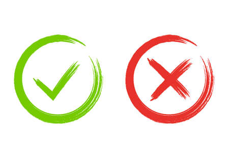 Grunge check marks. Green tick and red cross. YES or NO accept and decline symbol. Buttons for vote, election choice. Painted with brush. Check mark OK and X icons. Vector illustrationのイラスト素材