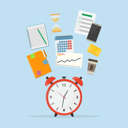 Time management icon. Concept planning, time organization of working day. A set of elements for infographic - alarm clock, diary, calendar, phone, to do list, envelope, hourglass, coffee cup. Vectorのイラスト素材