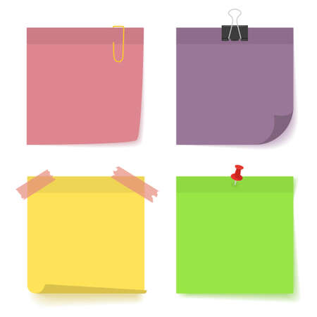 Set of stick notes with pin, office clip elements. Four - pink, green, violet, yellow - adhesive reminder note papers icon. Template design for business or education concept Vector illustrationのイラスト素材