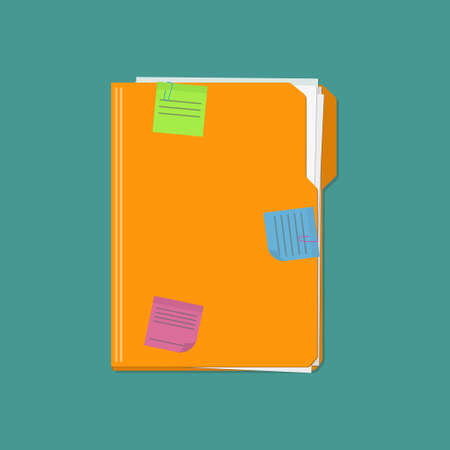 Documents folder with paper sheets and sticky notes reminder. Template design for business or...