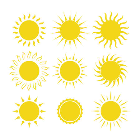 Set of yellow sun icon with straight, florid and twisted rays. Template design for web or mobile...