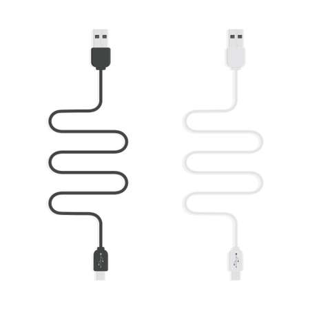 Set of black and white micro cables icon. Smart phone recharge supply or PC peripherals connector....